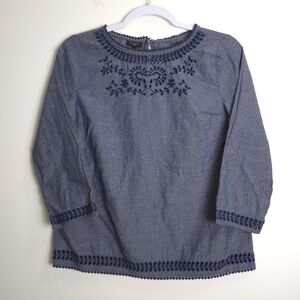 TALBOTS Embroidered Eyelet‎ PomPom Boho Blouse 3/4 Sleeve Blue Top Sp